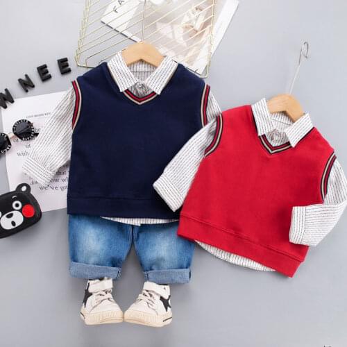 Spring Children Fashion Clothes Baby Boys Solid Sweater Vest Strips Shirt Pants 3Pcs/sets Kids Infant Clothing Toddler Tracksuit