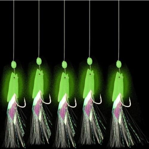 5Pcs/Set High Carbon Steel Mackerel Feathers Bass Cod Lure Sea Fishing Luminous Fishing Hook Treble Bait Fishing Wire 9g