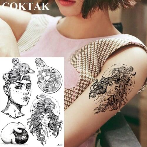 COKTAK Universe Planets Star Girl Temporary Tattoos Sticker Bulb Bear Earth Fake Tatoos Body Art Arm Black Water Tranfer Tattoos