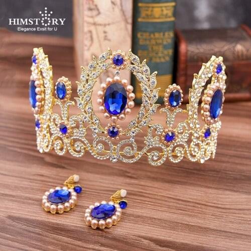 HIMSTORY New Wedding Royal Hair Accessories Blue Crystal Bridal Pageant Tiaras Crow Big Luxury Rhinestone Headband Hair Jewelry