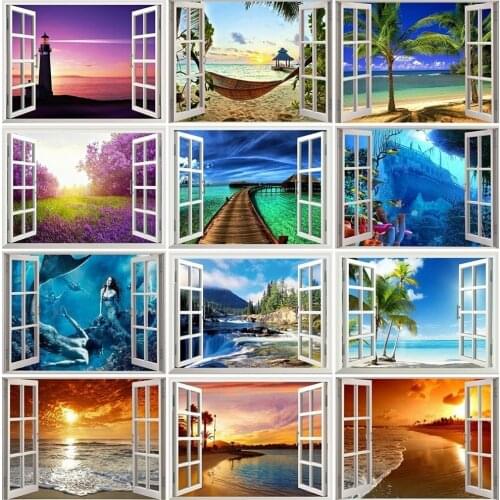 HUACAN Full Square Diamond Painting Landscape Diamond Embroidery Window Picture Of Rhinestone 5D DIY Mosaic Seaside Decor Home