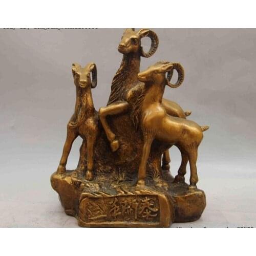 Chinese Pure Bronze Copper Lucky Auspicious 3 Sheep Kai Tai Goat Animal Statue