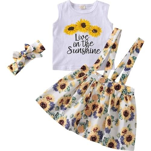 Infants Three Piece Set Babys Sunflower Print Lettering Vest Skirt Hair Band For Girls