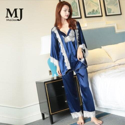 MJ080 4 Pic Silk Pajamas Sexy Lingerie Pijamas Women Lace Pizama Damska Pyjama Femme Pajamas Pijama Mujer Pigiama Donna Pizama