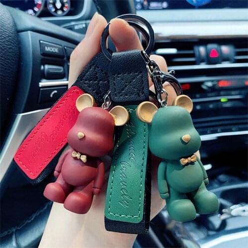 Trendy Cute PVC Bow Tie Bear Keychain Kawai Cartoon Animal Key Chain Adorable Bag Pendant Key Holder Car Keyring Jewelry Gift