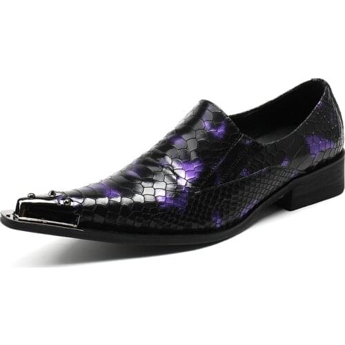 Mens shoes with Metal toe snakeskin wedding dress shoes Black and purple Evening Party Hairdress Sexy Medium heel men Shoes