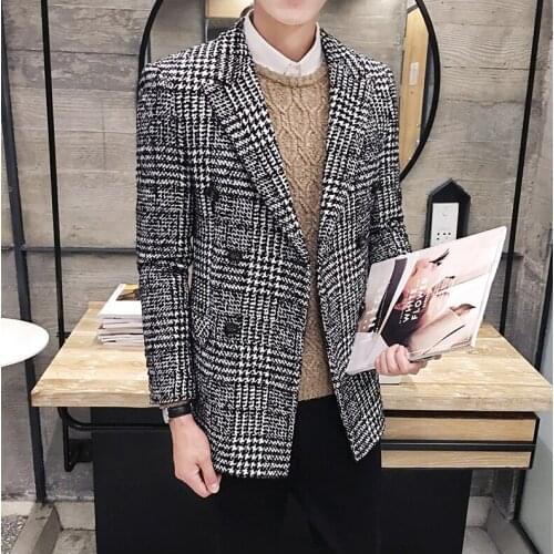 2019 New Mens Fashion Boutique Plaid Business Casual Suit Jackets Men Woolen Coat Blazer Mens Slim Fit Casual Suit Jacket Men