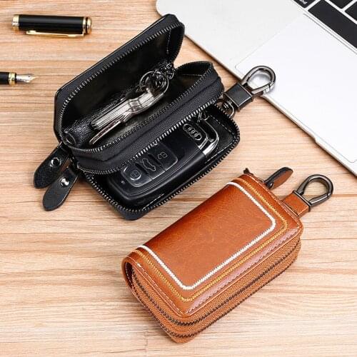 2021 new leather car key case, multifunctional cowhide door key case, fashion embroidered thread key case