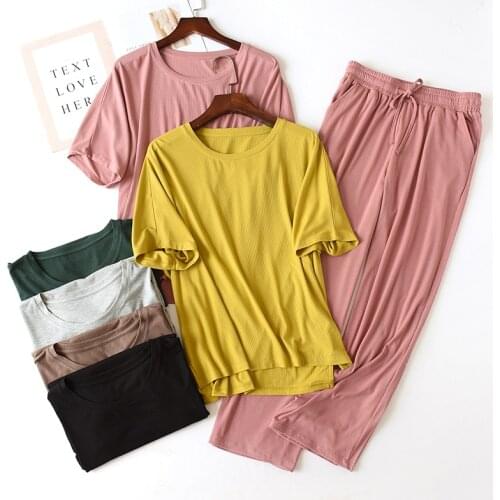 New Womens Sleepwear Suit Thin Modal Short-sleeved Pajamas Ladies Loose Plus Size Spring Summer Home Wear Two-piece Set Pijamas