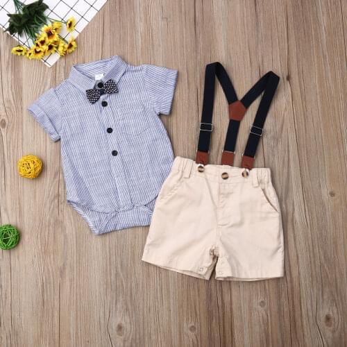 Newborn Baby Boy Clothes Short Sleeve Striped Bow Tie Romper Suspender Shorts Overalls 2PCS Summer Clothing Set