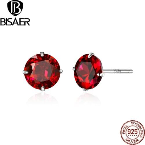 Simple Zircon Earrings BISAER 925 Sterling Silver Birthday Birthstone Small Stud Earrings for Women Cubic Zircon Jewelry EFE166