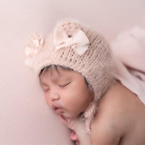 Newborn Photography Props Baby Hats Mohair Bow Hats Infant Photo Shoot Accessories Hand-knitted Hat Sweet Photo Props