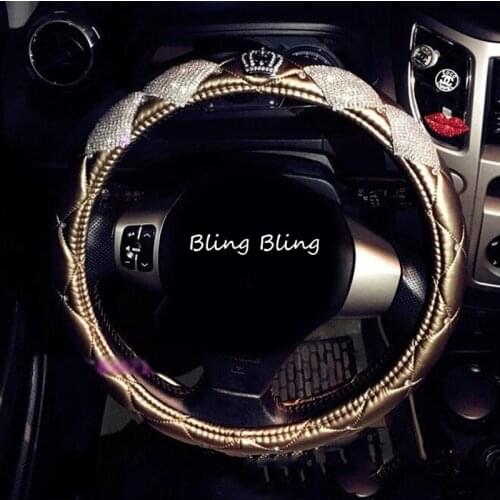 Luxury Diamond Crown Leather Car Steering Wheel Covers with Crystal Bling Bling Rhinestones for Girls Car Interior Accessories