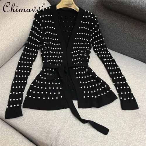 European Style Heavy Luxury Pearl Coat Fashion Hollowed-out Woven Lace-up Sweater Waist-Tight Loose Knitted Cardigan Coat Women