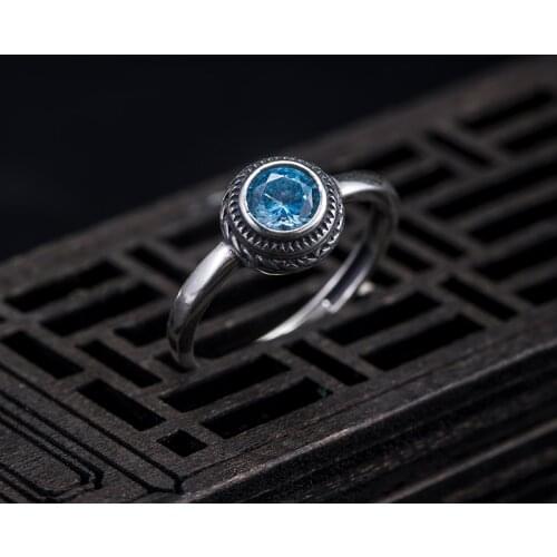 VLA 925 Silver Personality Black Retro Sea Blue Zircon Ring Mens and Womens Fashion Simple Adjustable Size Jewelry