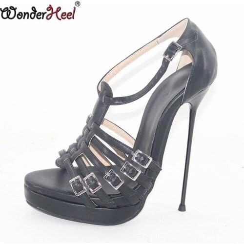 Wonderheel ultra high heel 16cm stiletto heel matte leather sexy buckles straps platform super thin metal heel women sandals