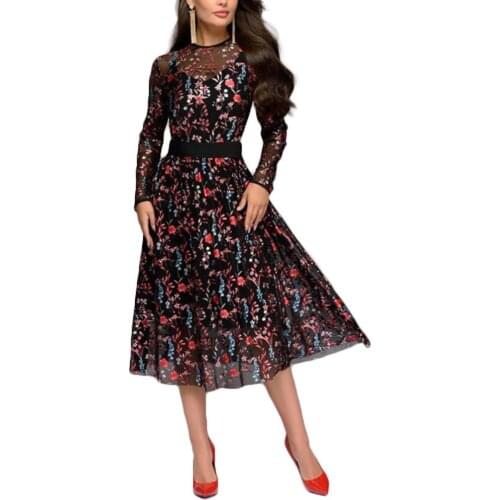 2020 Women Fashion Floral Print Long Sleeve Thin Midi Cocktail Party Dress Long Sleeve Polyester Fiber Floral Print Dres