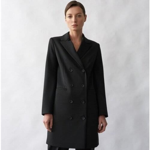 Women Dress Office Lady Straight Notched Spring Autumn Long Coat Solid Full Double Breasted Euro-America Style Simple Dress