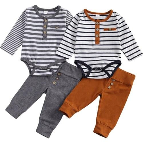 2021 Newborn Babys Clothes Boy Girl Casual Suit Clothing Round Neck Long Sleeve Stripe Romper Button Decoration Loose Trousers