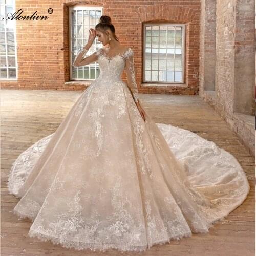 Alonlivn Noivas Ball Gown Bridal Dresses Long Train Charming Appliques Lace O-Neck Full Sleeves Wedding Dresses