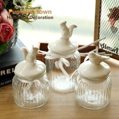 Free Shipping 2018 Fine production Rural style white ceramic glass Storage Bottles, Animal model glass silk ribbon Storage Jars