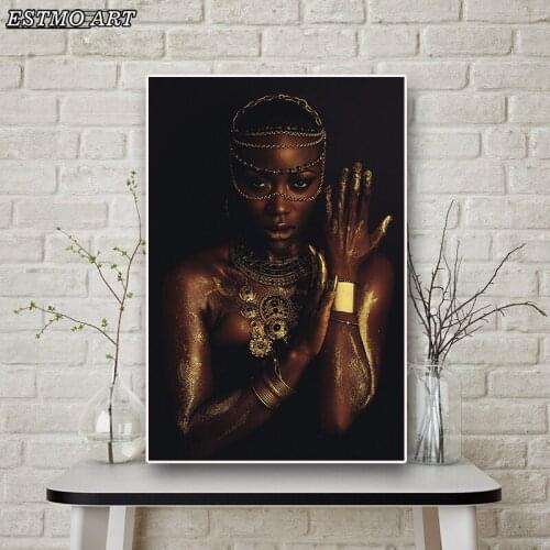 Room Decoration Wall Art Picture Gold Nude African Woman with Necklace Canvas Painting Modern Home Decoration Poster One Piece
