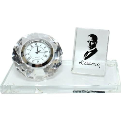 Double Sided Turkish Leader Mustafa Kemal Ataturk Picture Printed Signed Table Top Clock Crystal Gift