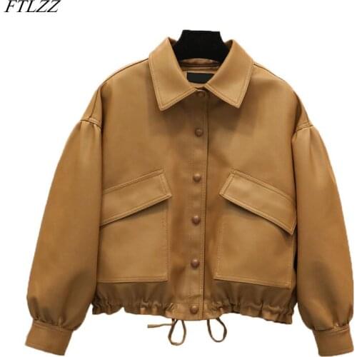 FTLZZ Autumn Women Lime Green Leather Jacket Single Breasted Faux Leather Jacket Streetwear Motor Bike Outwear Drawstring Belt