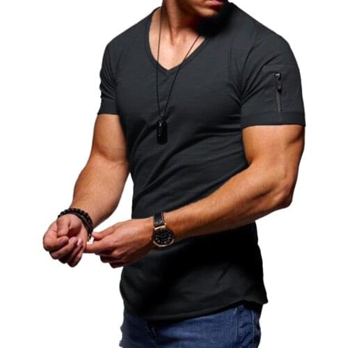 2021 New Fashion Casual Men Solid Color T-shirt, Adults Summer Casual V-neck Short Sleeve Pullover with Zip Pocket