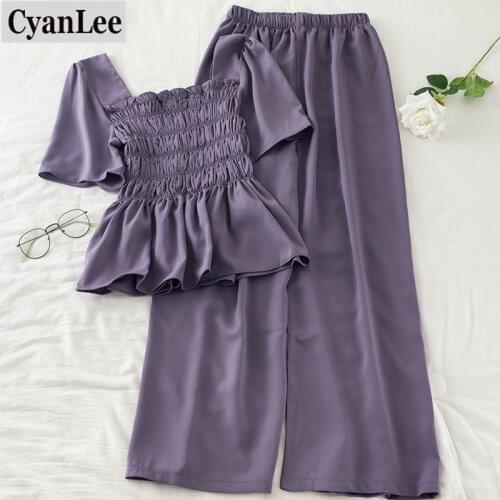 Cyanlee 2 Piece Outfits for Women New Arrival Square Collar Chiffon Tops+casual Loose Wide Leg Pants Two Piece Set Streetwear