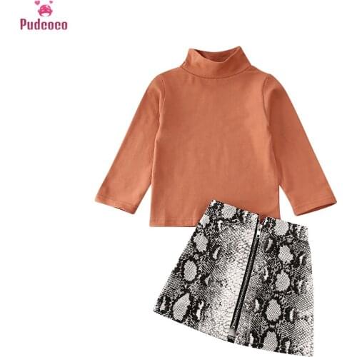 2pcs Autumn Toddler Kids Baby Girls Clothes Set Turtleneck Solid Long Sleeve Top+Snake Printed A-Line Skirts Outfits