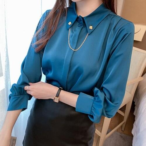 Korean silk shirt ladies satin tops Office ladies white shirts ladies casual silk tops