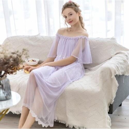 Summer nightgown palace style night dress female short-sleeved net yarn sweet sleepwear casual home wear womens long nightshirt