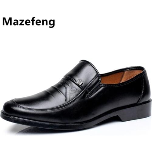 Mazefeng New Fashion 2018 Spring Autumn Men Dress Shoes Business Male Leather Shoes Solid Color Men Work Shoes Slip-on Round Toe