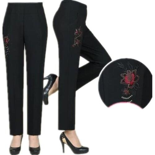 Middle age clothing Women pants large size autumn long pants embroidered casual trousers high quality Add wool Warm pants 1464