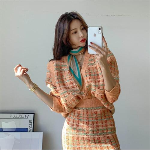 Autumn Winter Women Set Sweater Fashion Loose Plaid Knitting Cardigans+skirt female set ensemble femme 2 pièces 2020 HOT