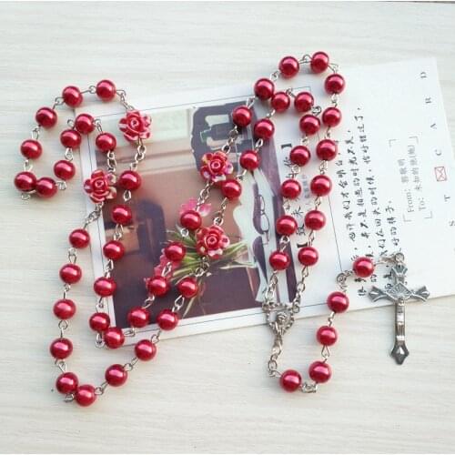 QIGO Rose Glass Pearl Rosary Cross Necklace Long Catholic Religious Prayer Jewelry Four Colors