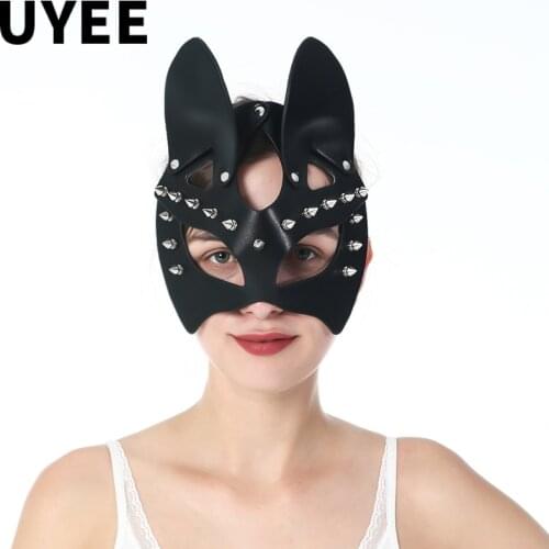 UYEE Sexy PU Leather Cat Cosplay Mask For Women BDSM Leather Harness Rivet Black Eye Mask Halloween Carnival Club Party Masks