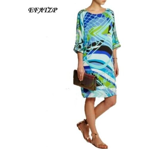[EFATZP] Luxurious Brands Womens Stunning Print Elegant 3/4 Sleeve Loose Jersey Silk Dress Cute Dress XXL Free Shipping