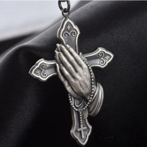 Retro Christian Prayer Hand Pendant Necklace Tail Cross Religion Believer Sweater Chain Necklace Vintage Necklace