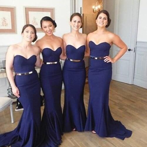Sexy Sweetheart navy Bridesmais Dresses Mermaid Long Maid Of Honor Gown dress 2016 Vestido De Festa De Casamento with gold sash