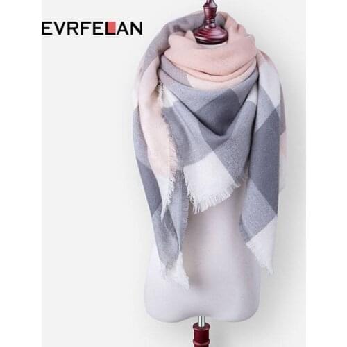 Evrfelan Casual Women Winter Scarf Triangle Knitted Scarf for Ladies Plaid Shawl Wrap Female Scarves Bufanda 140*140*210cm