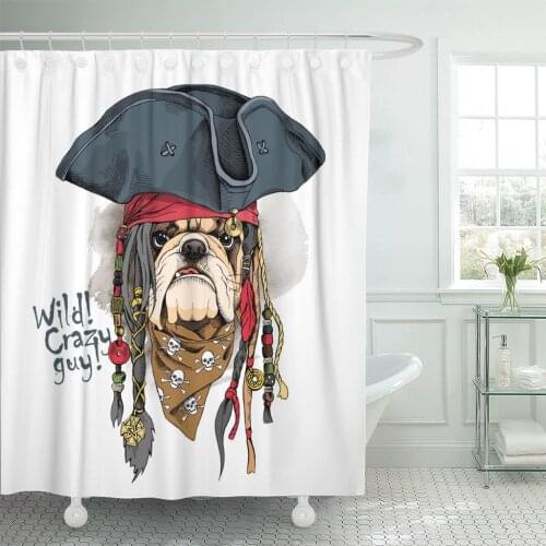 Dog Portrait of Bulldog in Pirate Hat Bandana Dreadlocks Shower Curtain Polyester 72 x 78 inches Set with Hooks