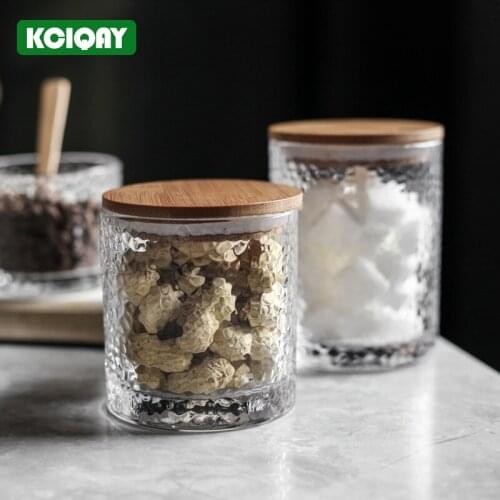 Japanese Style Glass Jar Bottle Food Storage Containers Sealed Wood Cover Tea Coffee Sugar Storage Jars Kitchen Candy Food Box