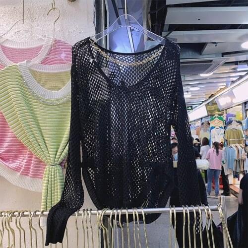 Loose Outside Wear Hollow Top for Women New Pullover All-Matching Long Sleeve Backless Knitted Sun Protection T Shirt