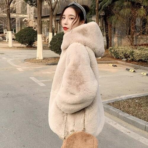 Imitation Rabbit Fur Outerwear Women Winter Warm Jacket Female Fashion Korean Plush Cocoon Thick Hooded Parka Coat Overcoat Lady