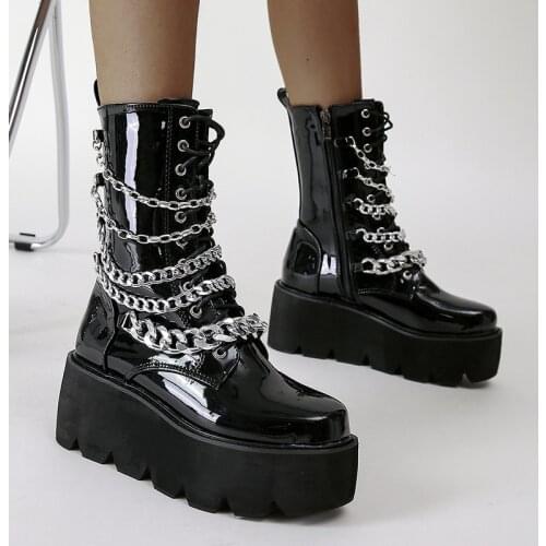 New 2021 Womens Wedges, metal chains, zippers, black high heels, Ankle boots, Size Martins