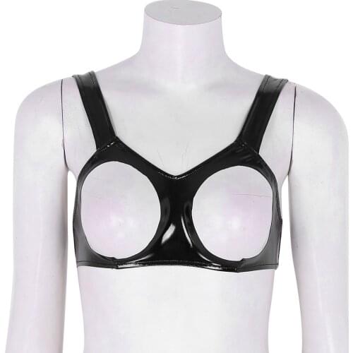 Winying Women Hot Erotic Bra Tops Wet Look Lingerie Sexy Open Nipple Bra Sissy Sheer Barlette Babydoll Underwear Tank Crop Tops