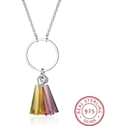 Fan-shaped Colorful Artificial Crystal Rainbow Tassel Circle Necklace 925 Sterling Silver Necklace For Women S-N295