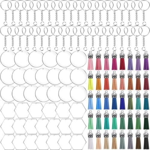 1set of acrylic decoration blank kit inner hexagonal round transparent acrylic disc keychain key ring jump ring color tassel DIY